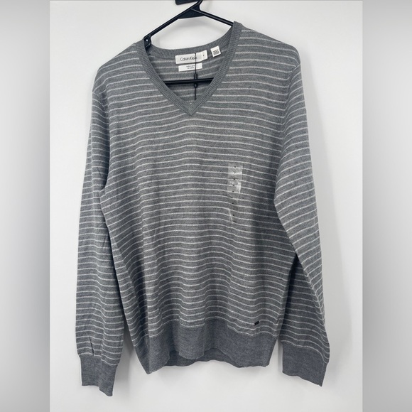 Calvin Klein Mens $80 Gray Stripe Soft Merino Wool Sweater Medium New